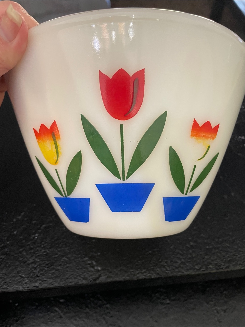 Fire King Milk Glass Floral Tulip Bowl in White with Red & Blue Accents - Picture 2 of 7